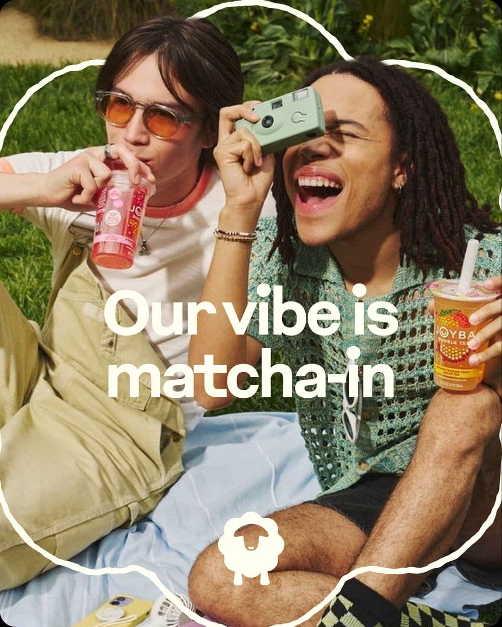 Friends at a picnic, our vibe is matcha-in